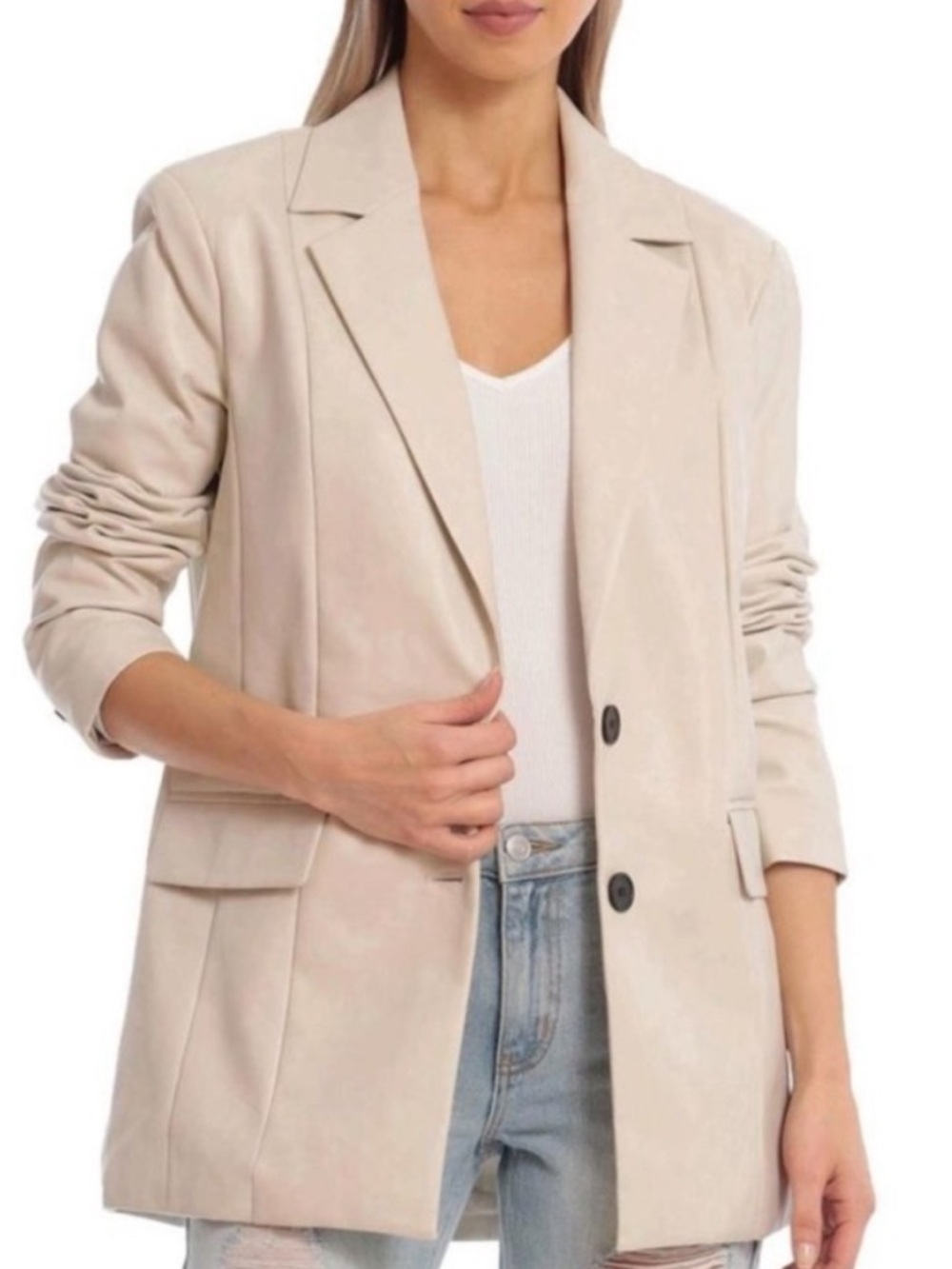 Avec Les Filles Cream Faux Leather Blazer